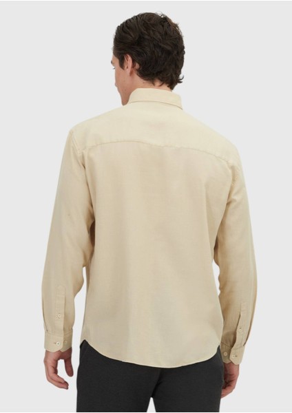 Bej Düz Loose Fit Dokuma Casual Yün Karışımlı Gömlek