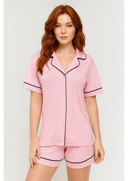 Modal Biyeli Şortlu Pijama Takımı / Pembe