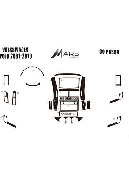 Volkswagen Polo Uyumlu Alüminyum Kaplama 2001-2009 30 Parça Koyu Meşe