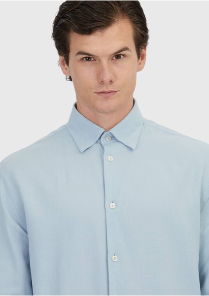 Mavi Düz Loose Fit Dokuma Casual Yün Karışımlı Gömlek