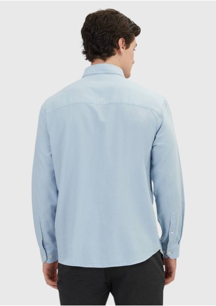 Mavi Düz Loose Fit Dokuma Casual Yün Karışımlı Gömlek