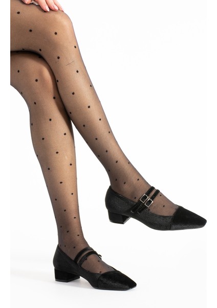 Kristen Siyah Kadife Renkli Çift Tokalı Kadife Kadın Kalın Topuklu Ayakkabı modelleri