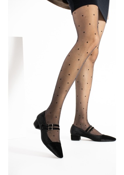 Kristen Siyah Kadife Renkli Çift Tokalı Kadife Kadın Kalın Topuklu Ayakkabı fırsatları