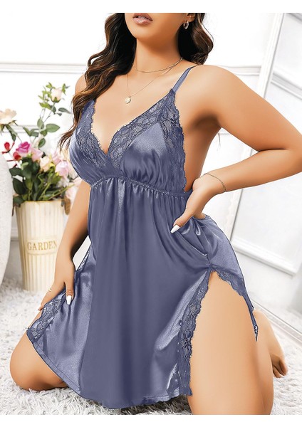 Büyük Beden Lacivert Dantel Işlemeli Ince Askılı Saten Fantezi Gecelik