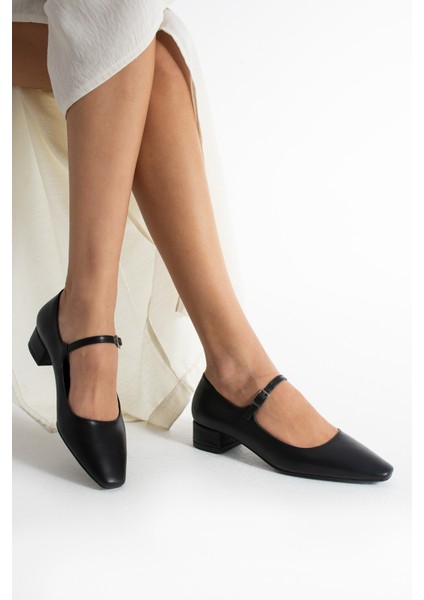 Angelina Siyah Renkli Tek Tokalı Küt Burunlu Kadın Kalın Topuklu Ayakkabı modelleri