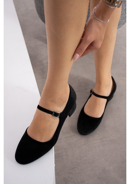 Jennifer Siyah Kadife Renkli Yuvarlak Burunlu Tek Tokalı Kadın Kalın Topuklu Ayakkabı modelleri