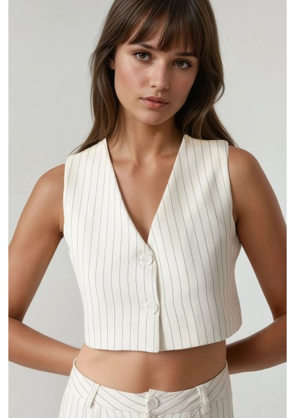 Kadın Pika Collection Fitted Striped Crop Yelek White