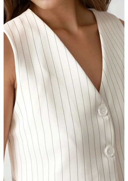 Kadın Pika Collection Fitted Striped Crop Yelek White