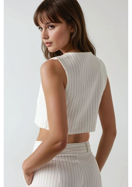 Kadın Pika Collection Fitted Striped Crop Yelek White