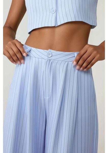 Kadın Pika Koleksiyonu Yüksek Bel Çizgili Geniş Paça Pantolon Blue