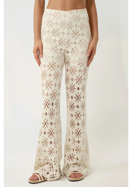 Kadın Desenli Geniş Paça Pantolon Pika Koleksiyonu Natural