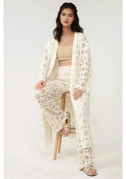 Kadın Desenli Geniş Paça Pantolon Pika Koleksiyonu Natural