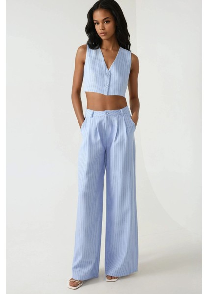 Kadın Pika Koleksiyonu Yüksek Bel Çizgili Geniş Paça Pantolon Blue