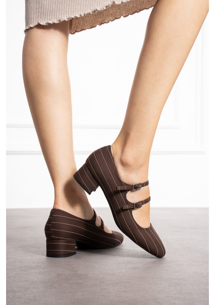 Emma Kahve Zara Kumaş Renkli Çift Tokalı Kadın Kalın Topuklu Ayakkabı modelleri