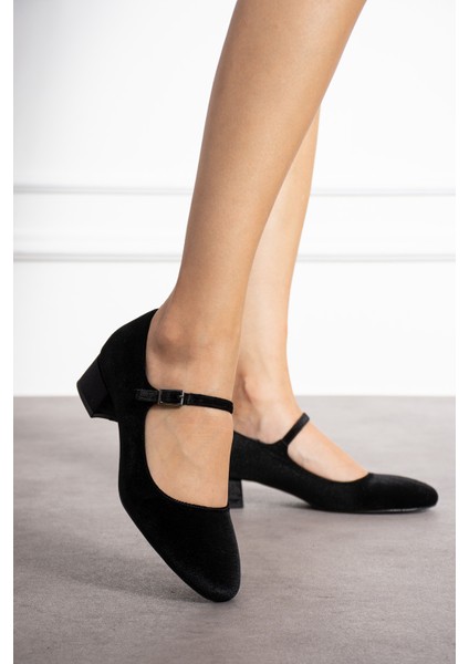 Jennifer Siyah Kadife Renkli Yuvarlak Burunlu Tek Tokalı Kadın Kalın Topuklu Ayakkabı fırsatları