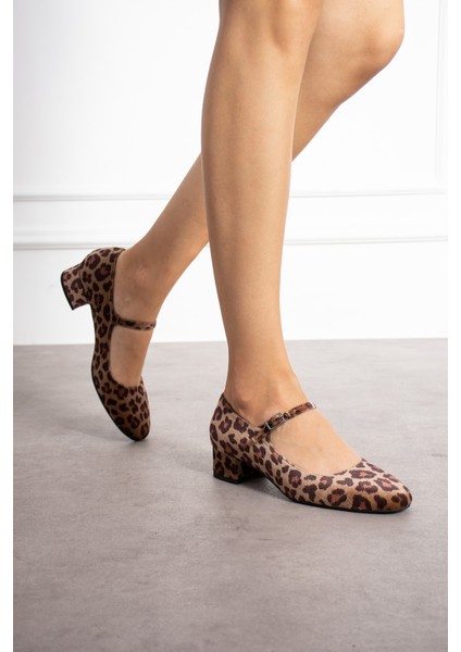 Jennifer Leopar Renkli Yuvarlak Burunlu Tek Tokalı Kadın Kalın Topuklu Ayakkabı fırsatları