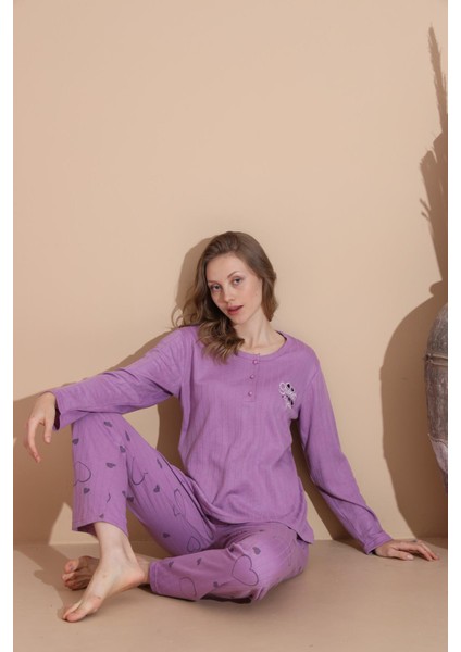 Kadın Pamuk'lu Düğme Yaka Raporlu Interlok Kışlık Pijama Takımı 05034 - 1 Adet