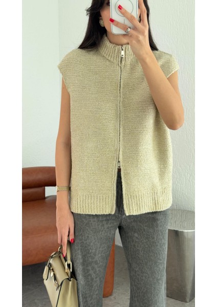 T Kol Çift Fermuarlı Krem Yelek modelleri