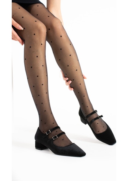 Zoe Siyah Kadife Renkli Çift Tokalı Küt Burunlu Kadın Kalın Topuklu Ayakkabı modelleri