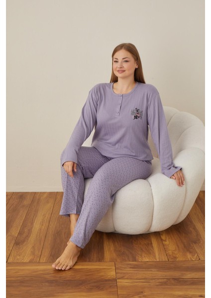 Kadın Pamuk'lu Düğme Yaka Raporlu Interlok Kışlık Battal Pijama Takımı 05104 - 1 Adet