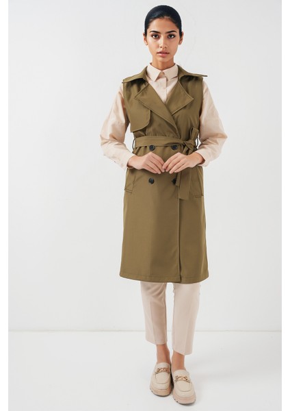 Kadın BDART Midi Şal Yaka Cep Detaylı Yelek Green