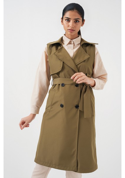 Kadın BDART Midi Şal Yaka Cep Detaylı Yelek Green