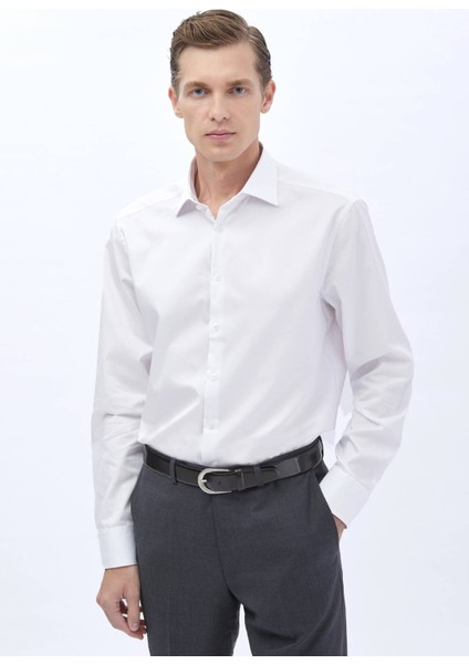 Beyaz Düz Regular Fit Dokuma Klasik %100 Pamuk Gömlek