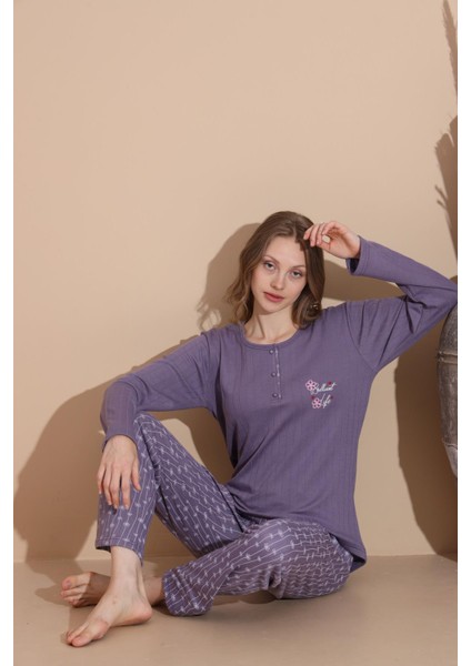 Kadın Pamuk'lu Düğme Yaka Raporlu Interlok Kışlık Pijama Takımı 05040 - 1 Adet