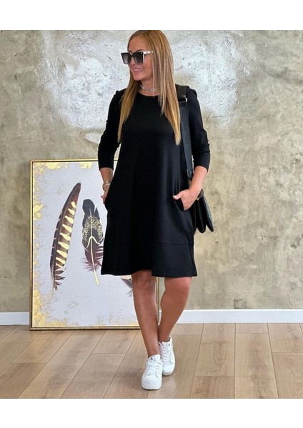 Kadın Uzun Kollu Bisiklet Yaka Cep Detay Etek Ucu Volanlı Iki Iplik Elbise fiyatları