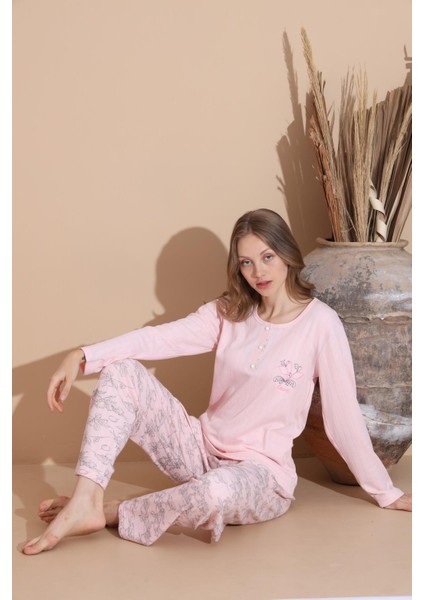 Kadın Pamuk'lu Düğme Yaka Raporlu Interlok Kışlık Pijama Takımı 05033 - 1 Adet