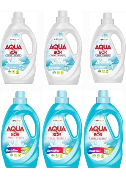 Aquabor Sıvı Çamaşır Deterjanı Beyazlar Için 3 Adet 99 Yıkama+ Renkliler Için 3 Adet 99 Yıkama.