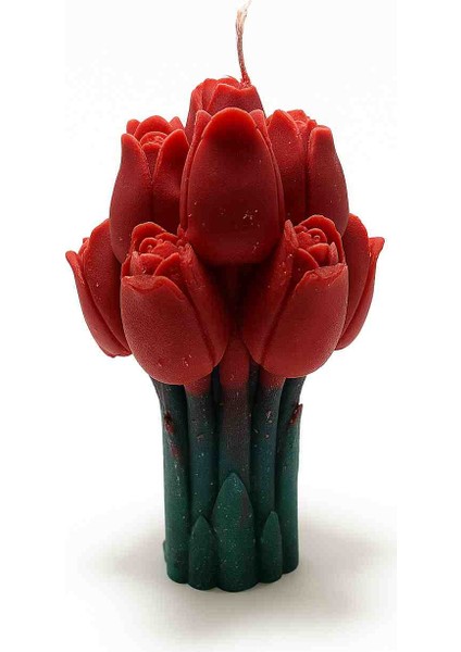 Koyu Kırmızı Dekoratif Lale Mum Buketi Hediyelik