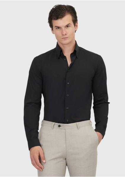 Siyah Düz Casual Fit Casual Pamuk Karışımlı Gömlek