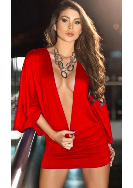 TP100915 Kırmızı Derin Göğüs Dekolteli Elbise