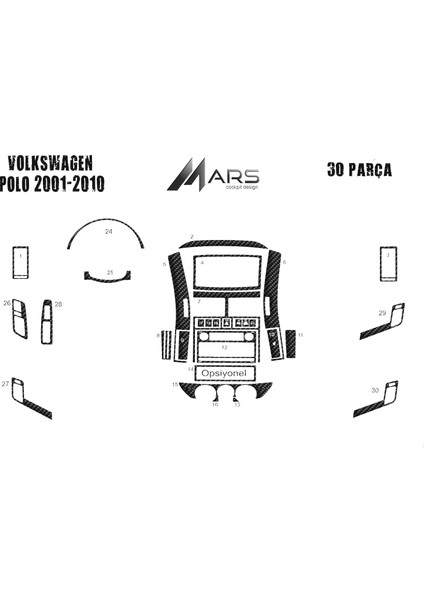 Volkswagen Polo Uyumlu Alüminyum Kaplama 2001-2009 30 Parça Karbon