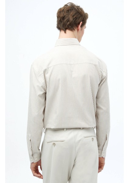 Deve Tüyü Çizgili Loose Fit Dokuma Casual Pamuk Karışımlı Gömlek