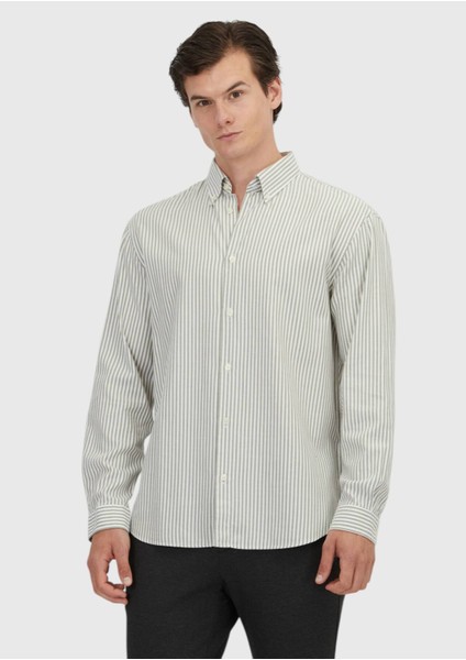 Yeşil Çizgili Loose Fit Dokuma Casual Pamuk Karışımlı Gömlek