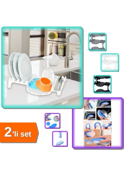 Mutfak Bulaşık Kurutmalık + Esnek Lavabo Temizlik Fırçası Seti | Pratik Temizlik 2li Set – AB12XZ