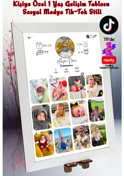 Kişiye Özel Tik-Tok Stil 13 Fotoğraflı 1 Yaş Gelişim Posteri– Kağıt & Metal & Metal+A4 Mdf Çerçeve Seçenek