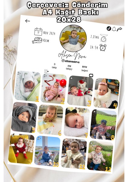 Kişiye Özel Tik-Tok Stil 13 Fotoğraflı 1 Yaş Gelişim Posteri– Kağıt & Metal & Metal+A4 Mdf Çerçeve Seçenek fırsatları
