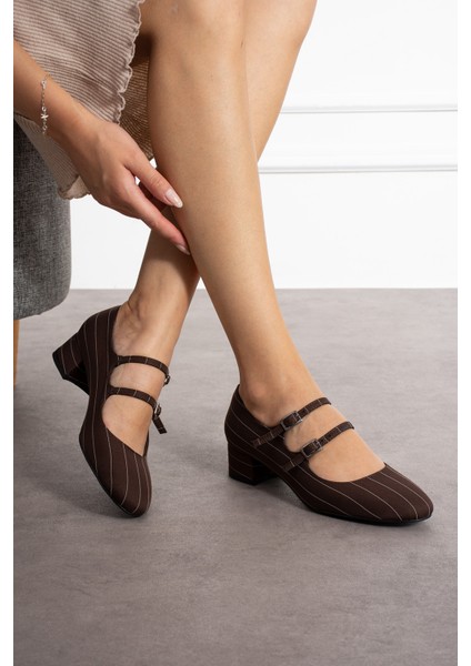 Emma Kahve Zara Kumaş Renkli Çift Tokalı Kadın Kalın Topuklu Ayakkabı