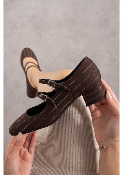 Emma Kahve Zara Kumaş Renkli Çift Tokalı Kadın Kalın Topuklu Ayakkabı fiyatları