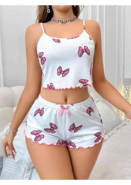 Pamuklu Beyaz Üstüne Pembe Kurdela Desenli Fitilli Askılı Şortlu Pijama Takımı fiyatları