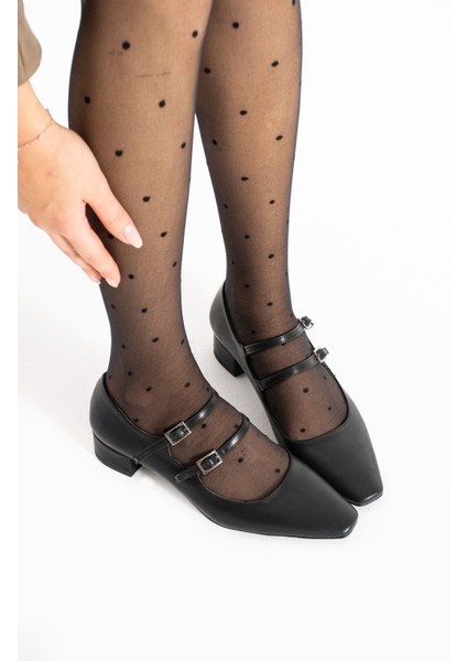 Zoe Siyah Renkli Çift Tokalı Küt Burunlu Kadın Kalın Topuklu Ayakkabı fiyatları