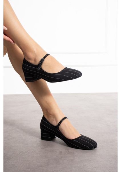 Jennifer Siyah Zara Kumaş Renkli Yuvarlak Burunlu Tek Tokalı Kadın Kalın Topuklu Ayakkabı modelleri