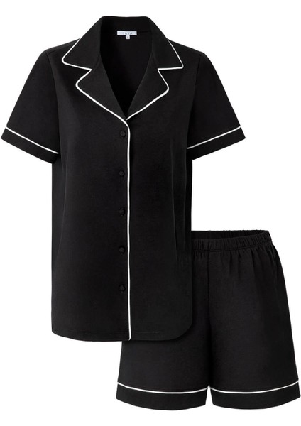 Modal Biyeli Şortlu Pijama Takımı / Siyah