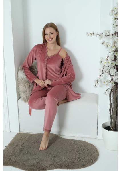 Kadın Fransız Kadife 3'lü Şık Askılı Gül Kurusu Pijama Takımı - 5545
