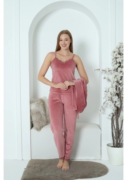 Kadın Fransız Kadife 3'lü Şık Askılı Gül Kurusu Pijama Takımı - 5545 fiyatları