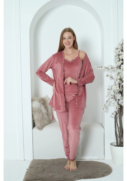 Kadın Fransız Kadife 3'lü Şık Askılı Gül Kurusu Pijama Takımı - 5545 fırsatları