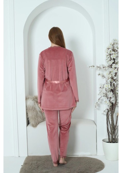 Kadın Fransız Kadife 3'lü Şık Askılı Gül Kurusu Pijama Takımı - 5545 indirimleri